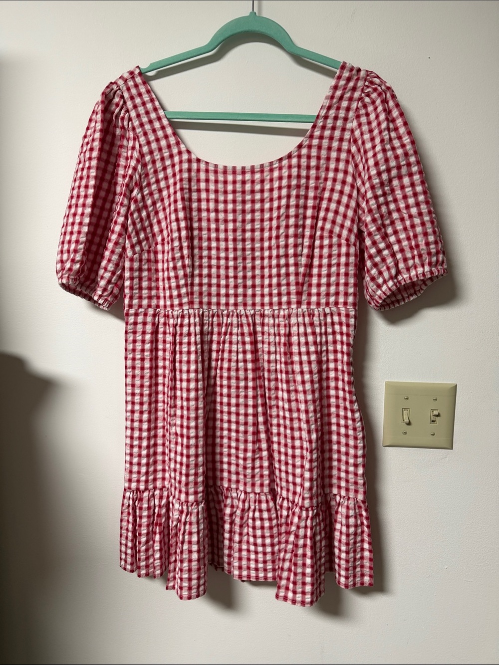 LOFT Red and White Gingham Casual Scoop Neck Dress